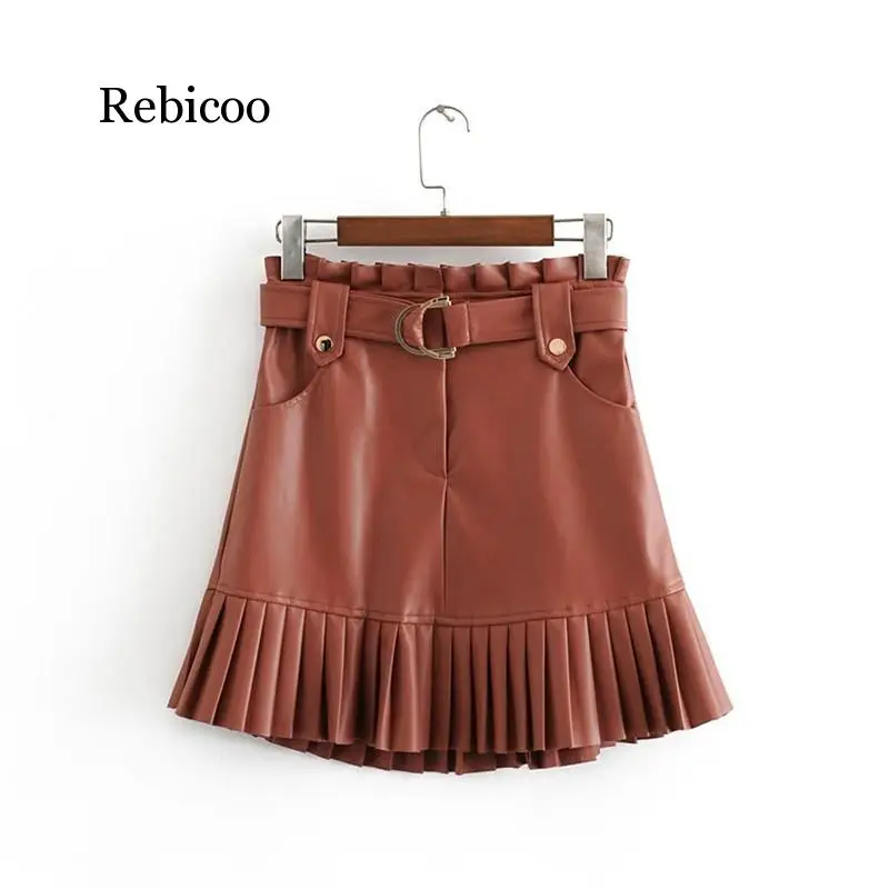 Женская плиссированная юбка из ПУ кожи черная Элегантная Повседневная Клубная