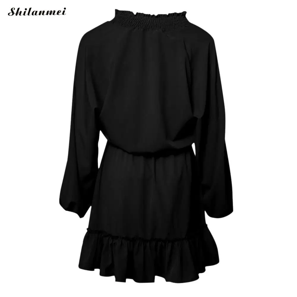 

Deep V Autumn Dress Women Long Sleeve Ruffles Dress Female 2019 Sexy Lace Up A-Line Dresses Casual Loose Solid Pink Vestidos