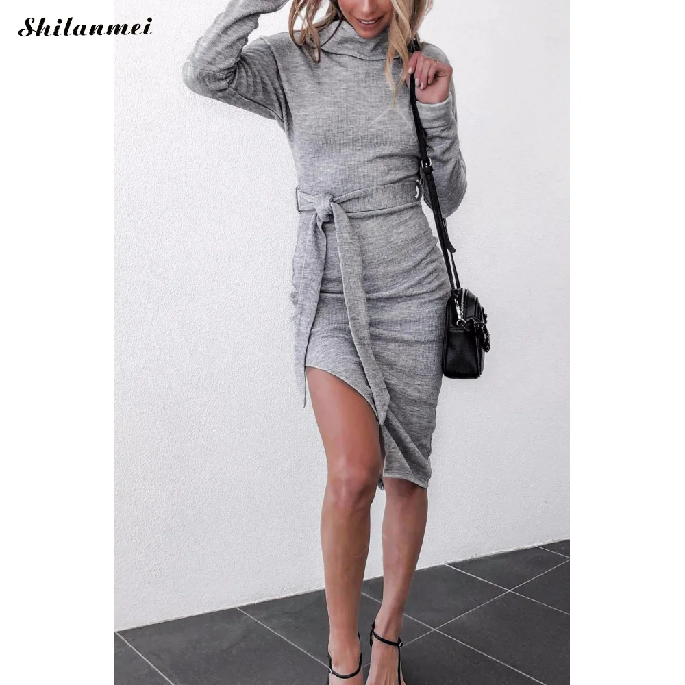 Женские вязаные платья с длинными рукавами и высоким воротником сезон осень зима