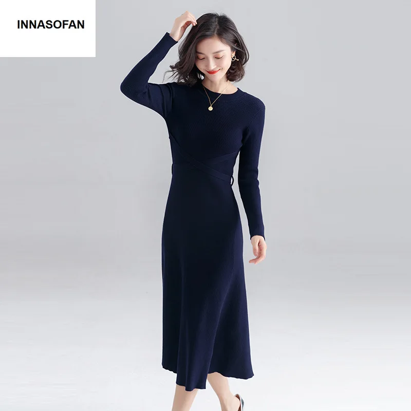 INNASOFAN knitted dress women Autumn Winter long-sleeved dress Euro-American fashion chic dress solid color