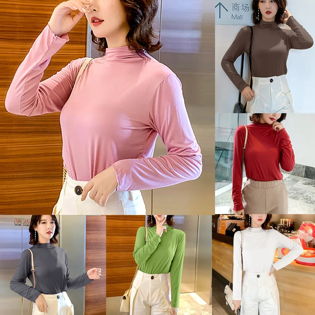 Женская модная футболка с высоким воротником чистый цвет элегантная