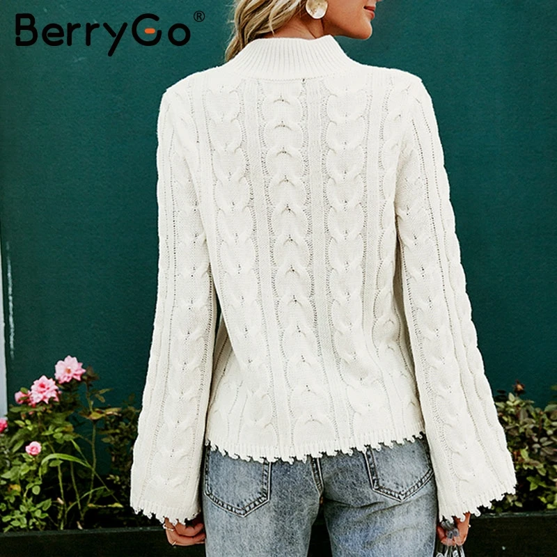 BerryGo White turtle neck women sweater Flare sleeve tassel female knitted pullovers jumper Autumn winter ladies sweaters 2019 | Женская