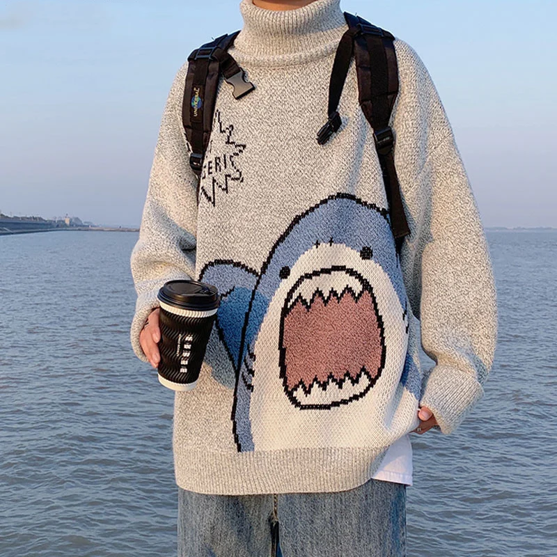 

Pullovers Women Cartoon Shark Streetwear Turtleneck Sweater Couples Winter O Neck Loose Thick Jumper Korean Knitted Oversize Top