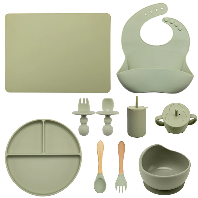 

10Pcs Baby Plates Bowl Set BPA Free Food Grade Silicone Bowl Bib Placemat Fork Spoon Feeding Cup Set For Baby Plate for Kids