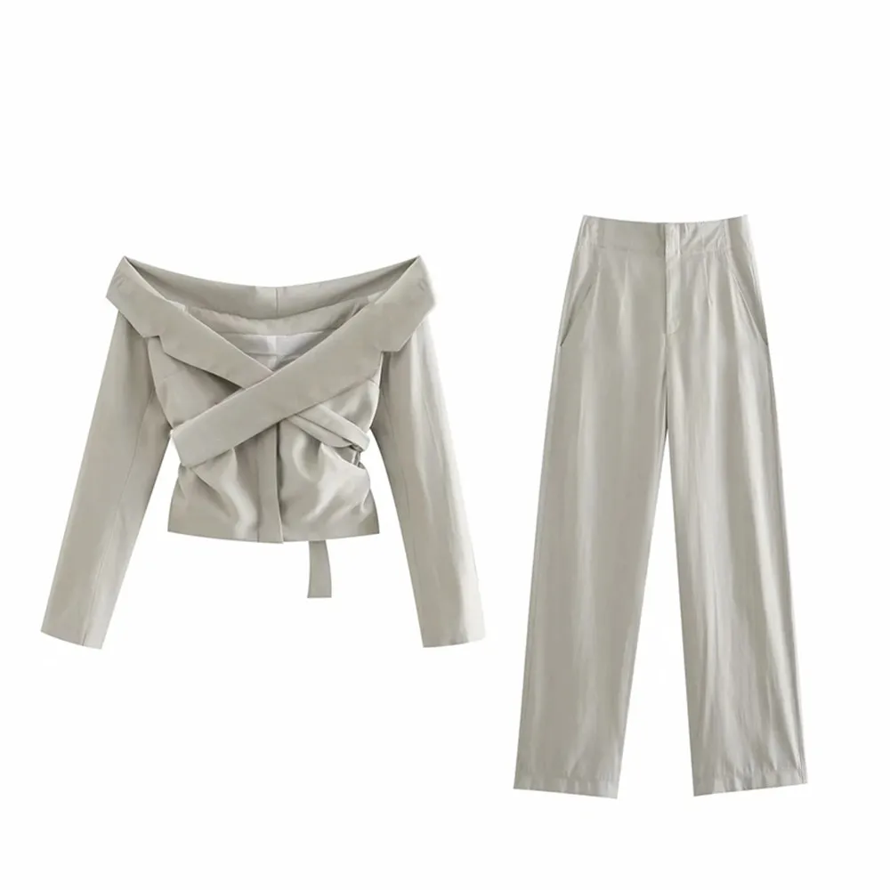 

Женская одежда ZA, Новинка лета 2021, женская одежда, модный пикантный костюм с открытыми плечами, облегающий костюм, пальто, брюки с широкими ш...