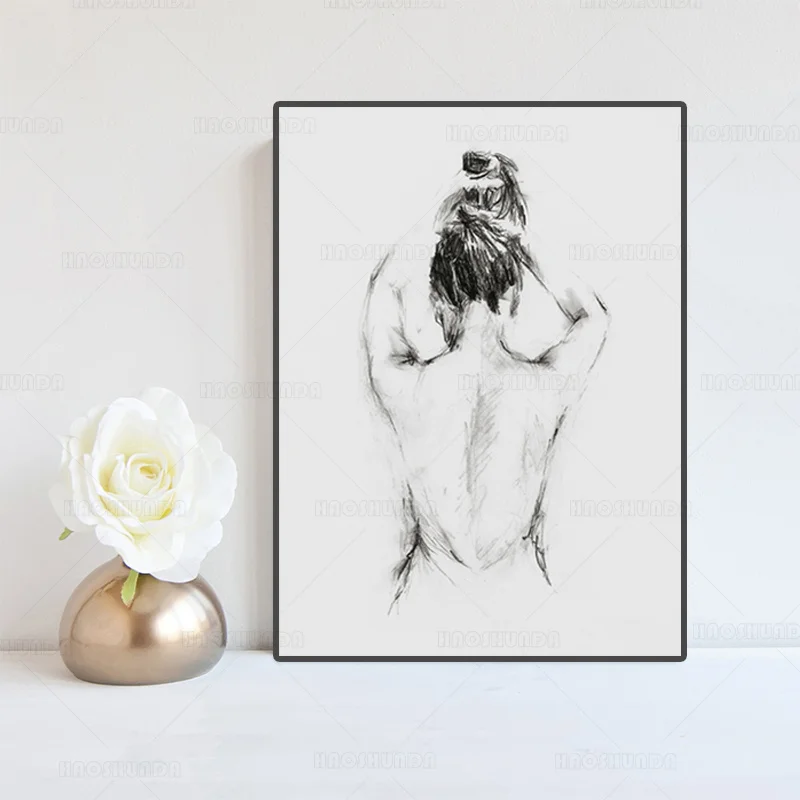 Female Line Drawing Art Canvas Painting Abstract Nude Woman Back Print After Bath Minimalist Poster Bathroom Picture Home Decor | Дом и сад