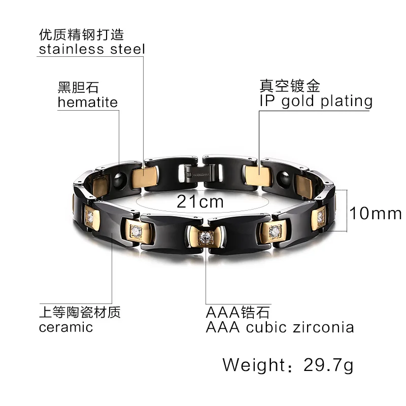 

Classic black gold color stainless steel jewelry cuff bangle charm cz stones magnetic bracelet for men boyfriend