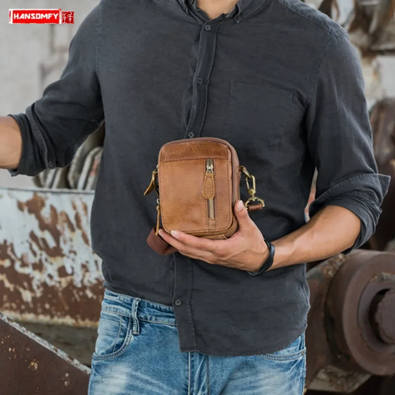 

Спортивная Кожаная поясная сумка с карманом, миниатюрная сумка на плечо, мужские кожаные маленькие повседневные уличные винтажные мягкие п...