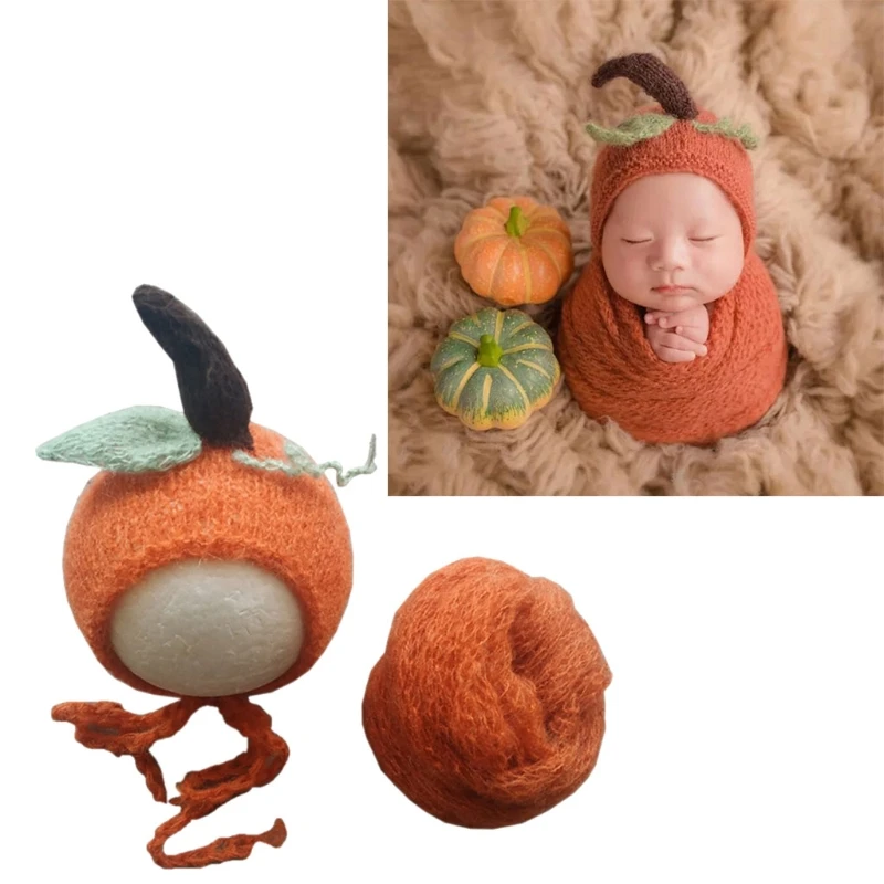 

J2FF 2 Pcs Baby Receiving Blanket+Beanie Set Mohair Pumpkin Hat Wrap Kit Newborn Photography Props Photo Shooting
