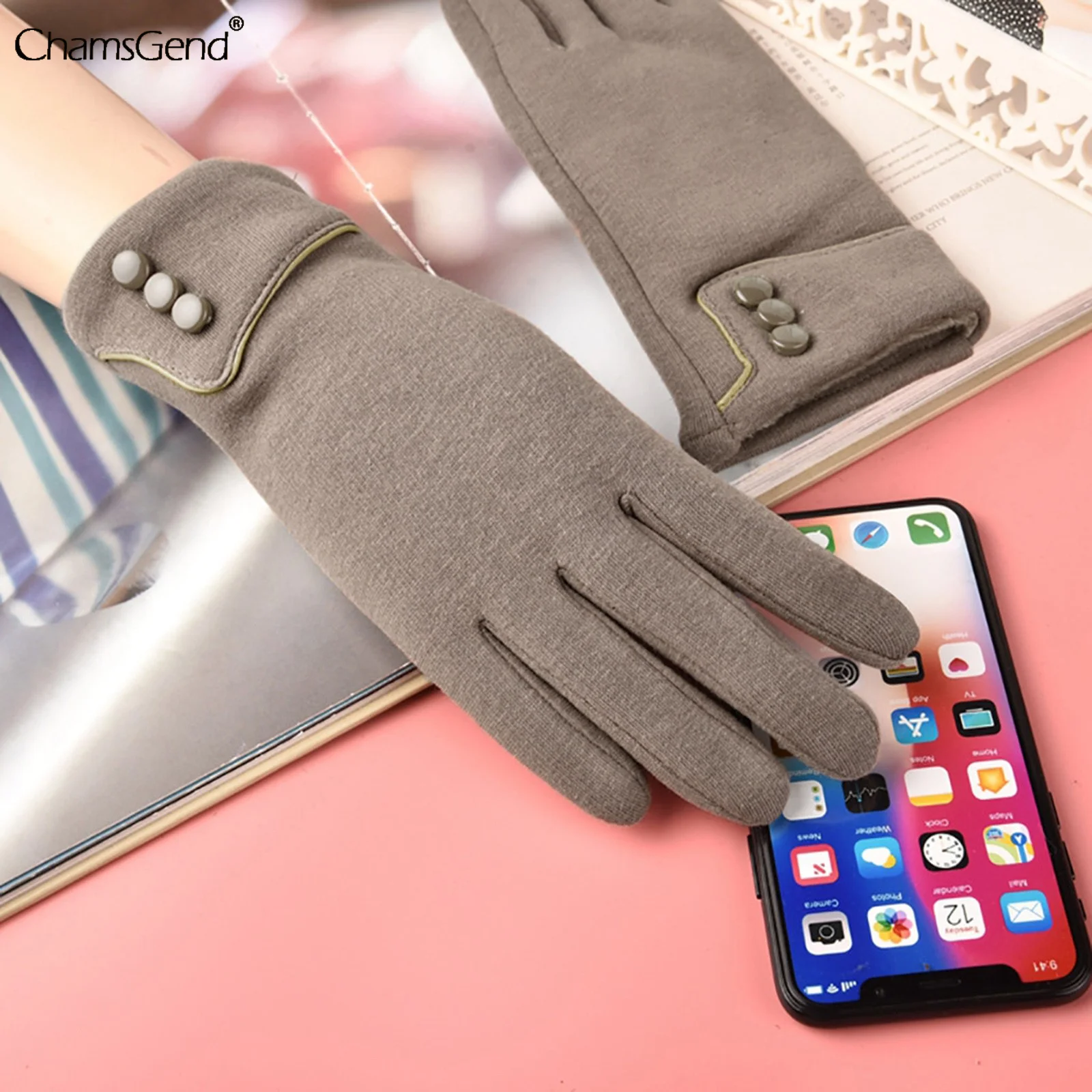 

Winter Female Warm Cashmere Full Finger Button Cycling Mittens Women Suede Leather Touch Screen Driving Gloves Dropshipping