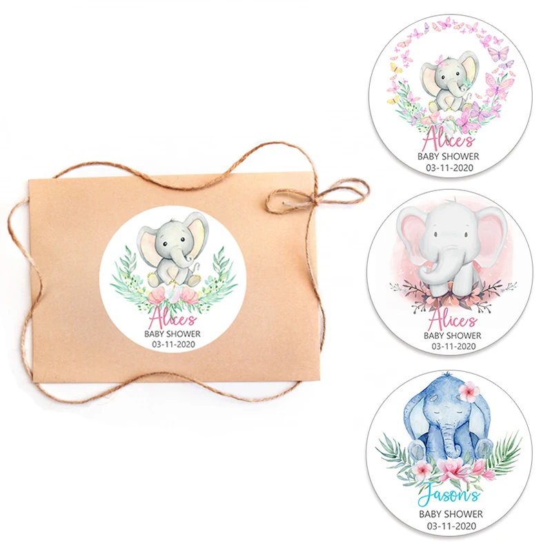 Elephant Personalized Baby Shower Round Stickers Customize Name Date Text Favor | Дом и сад
