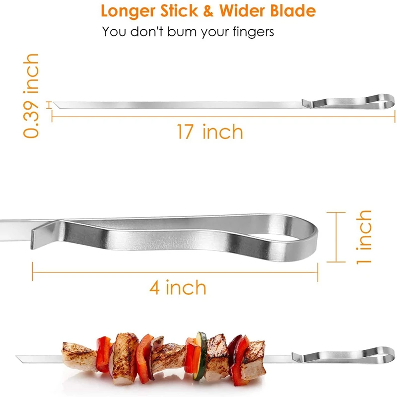 

Barbecue Skewers, 17 Inch Stainless Steel Flat Metal BBQ Kabob Skewer, Reusable Grilling Sticks Set Shish Kebab Needles