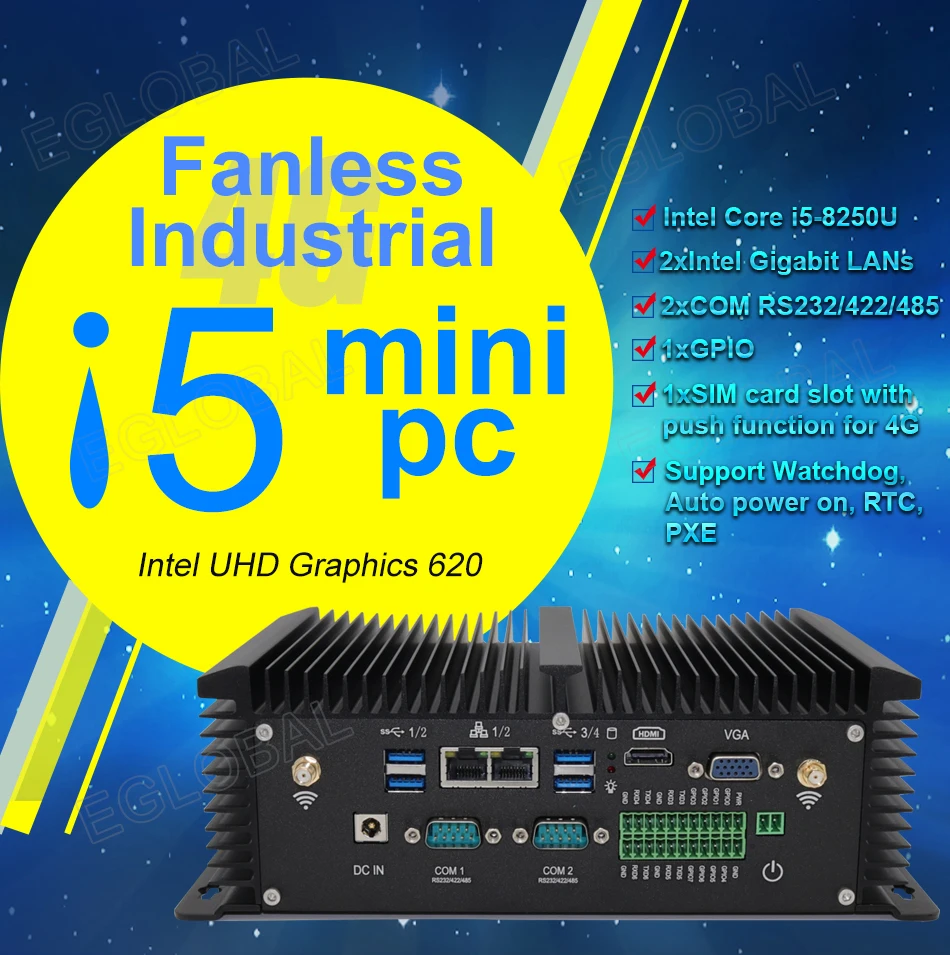 Мини ПК Eglobal 8 го поколения Intel Core i5 8250U Win10 pro безвентиляторный промышленный