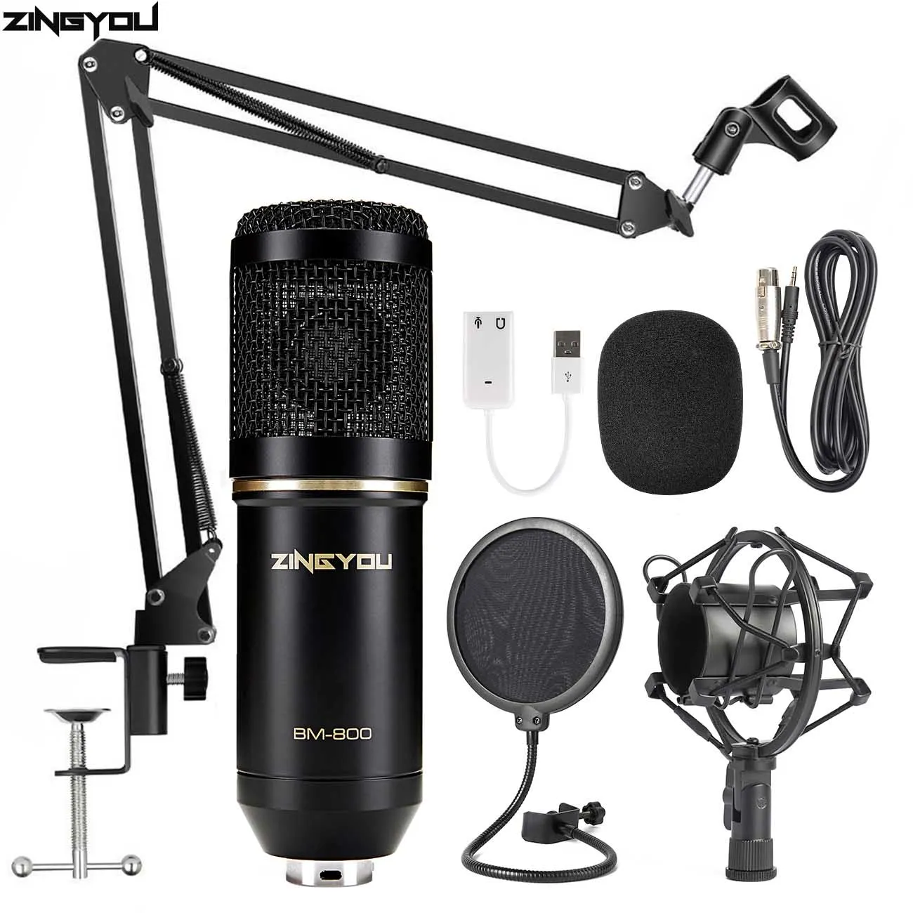 black ZINGYOU BM 800 Studio Microphone Multifunctional Wired Cardioid Mic For Sound Recording Professional Condenser bm800 Microphone - Цвет: black