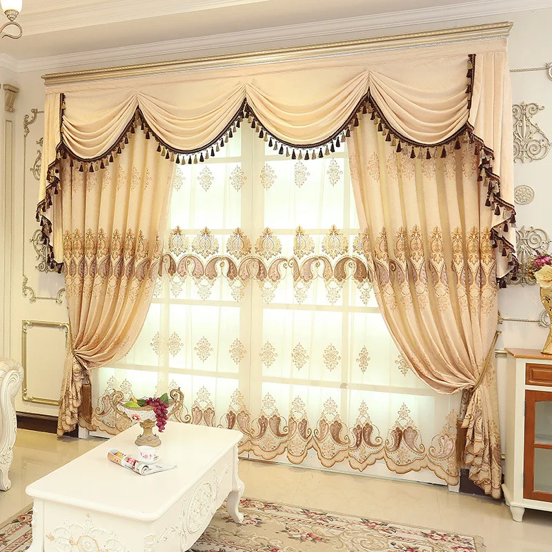 Chenille European Embroidered Curtain for Living Room Bedroom Luxury French Windows Backdrop Fancy Beige Curtain Valance