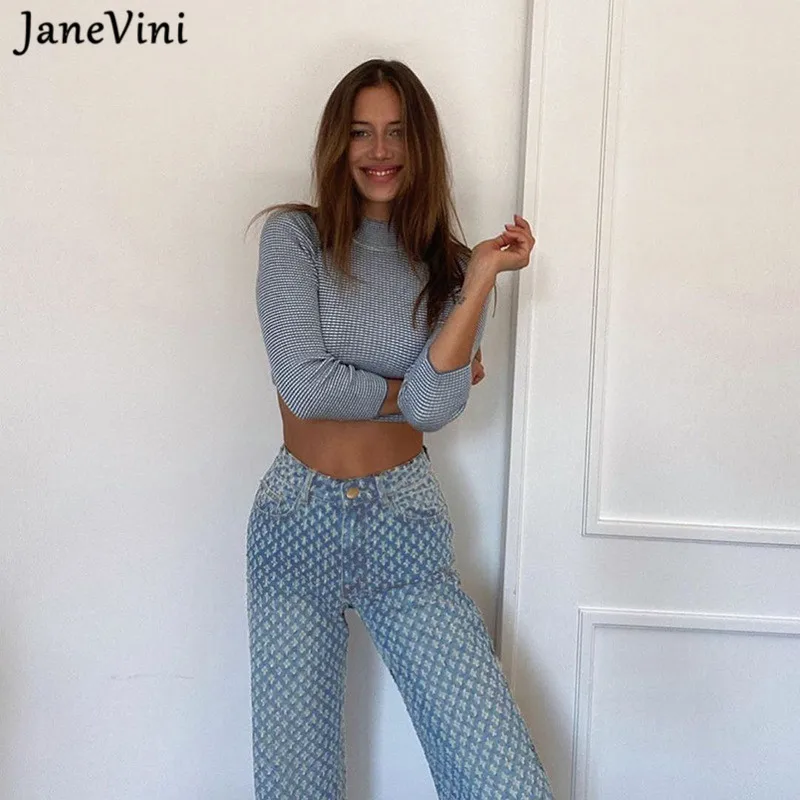 JaneVini женские штаны голубые джинсы сезон осень высокая талия длинные в уличном