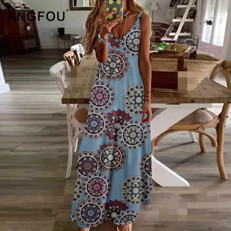 

Elegant Summer Long Dress Sleeveless Vintage Floral Print Women Boho Dress Robe Lady Sexy Beach Maxi Casual Dresses