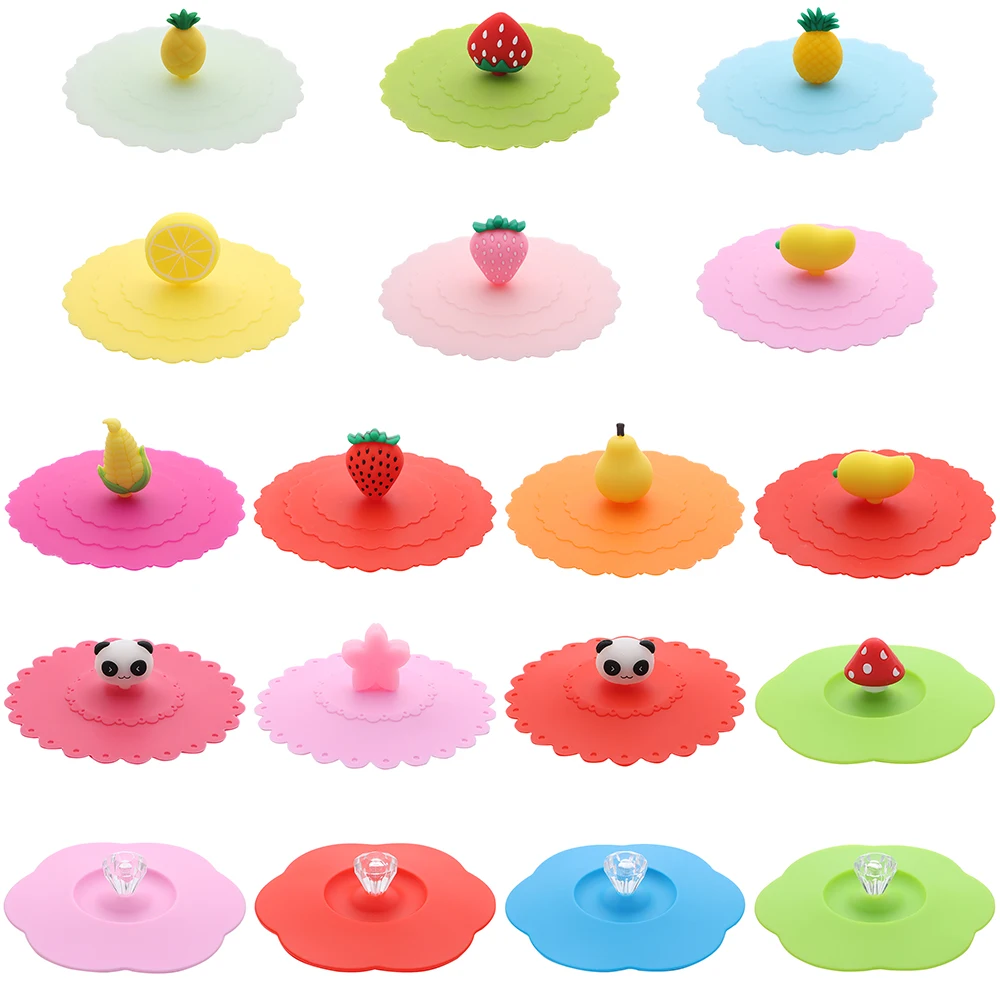 Cute Cartoon Fruit Plant Animal Silicone Cup Cover 10cm Reusable Soft Silica Gel Drink Water Tea Coffee Lids Dustproof Leakproof