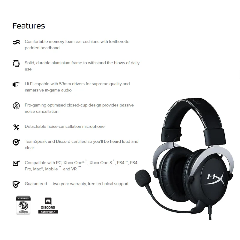 Игровые наушники HyperX Cloud Серебристые с микрофоном Hi-Fi для ПК PS4 Xbox мобильных