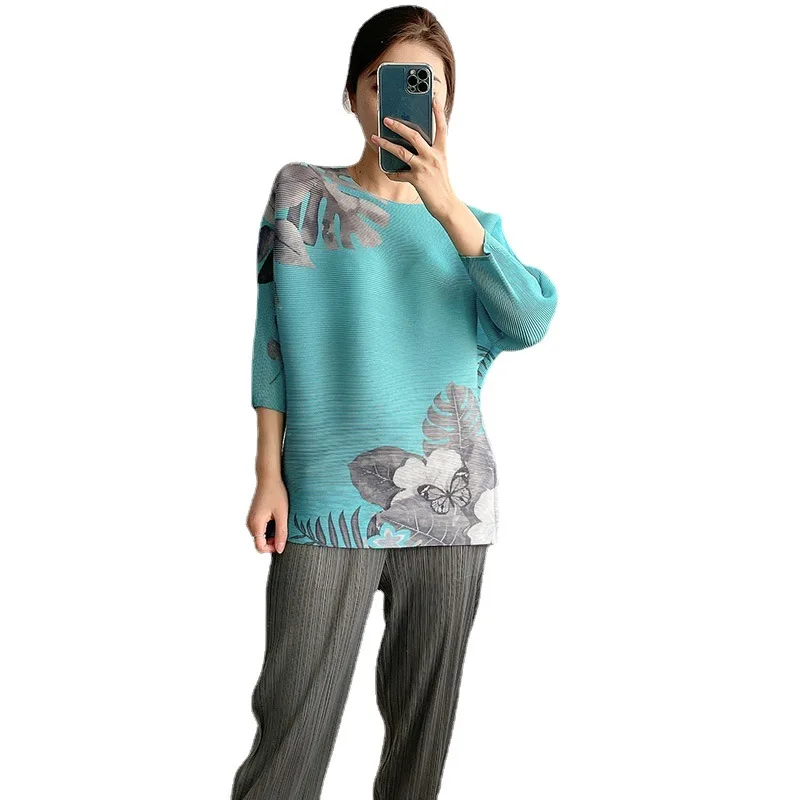 

LANMREM new women T-shirt round Neck pleated short sleeve printing temperament loose fit fashion tide summer 2021 2P1121