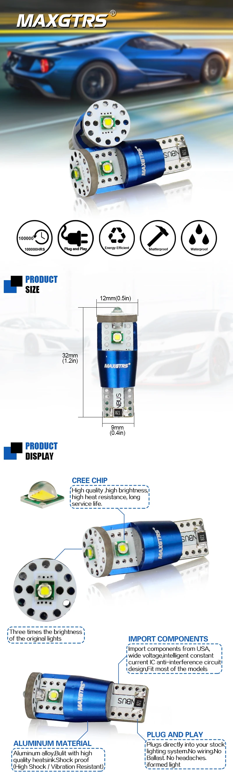 2 шт. T10 W5W 15 Вт 1350lm Высокая мощность Cree чип XP-E CANBUS без ошибок Белый светодиодный обновленный DRL резервный обратный карта купольный светильник