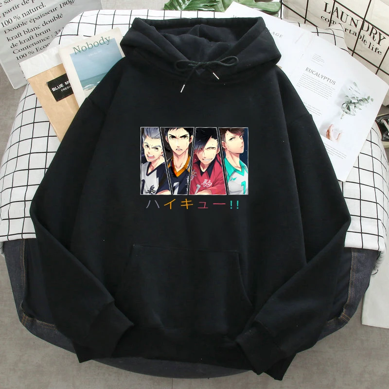 

Haikyuu karasuno personagem hoodies homem anime impressão velo quente camisolas 2021 novo solto bolsos casuais roupas homem com.