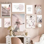 Постеры для строительства, постер с изображением растений на холсте с перьями, Настенная картина с розовыми цветами, настенные картины в скандинавском стиле для декора гостиной
