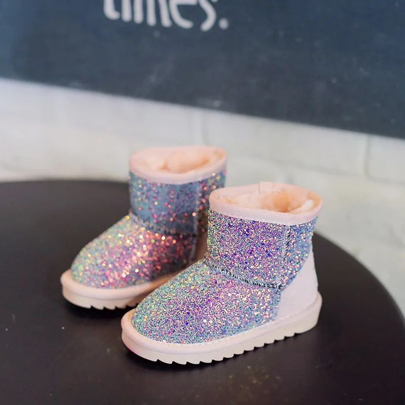 

2019 Autumn And Winter New Children's Snow Boots Girls Sequin Boots Princess short boots baby thick cotton shoes EUR 21-37