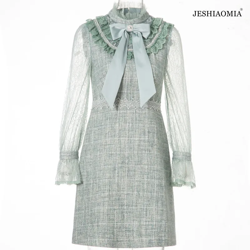 

JESHIAOMIA- 2021 Autumn Stand Collar Bow-tie Embellished Ruffle Patchwork Dress
