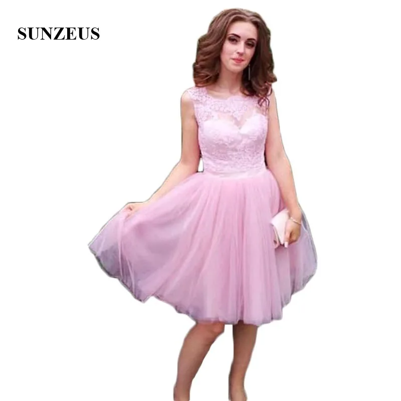 Розовый Тюль Короткие Выпускные платья трапециевидной формы с кружевной топ