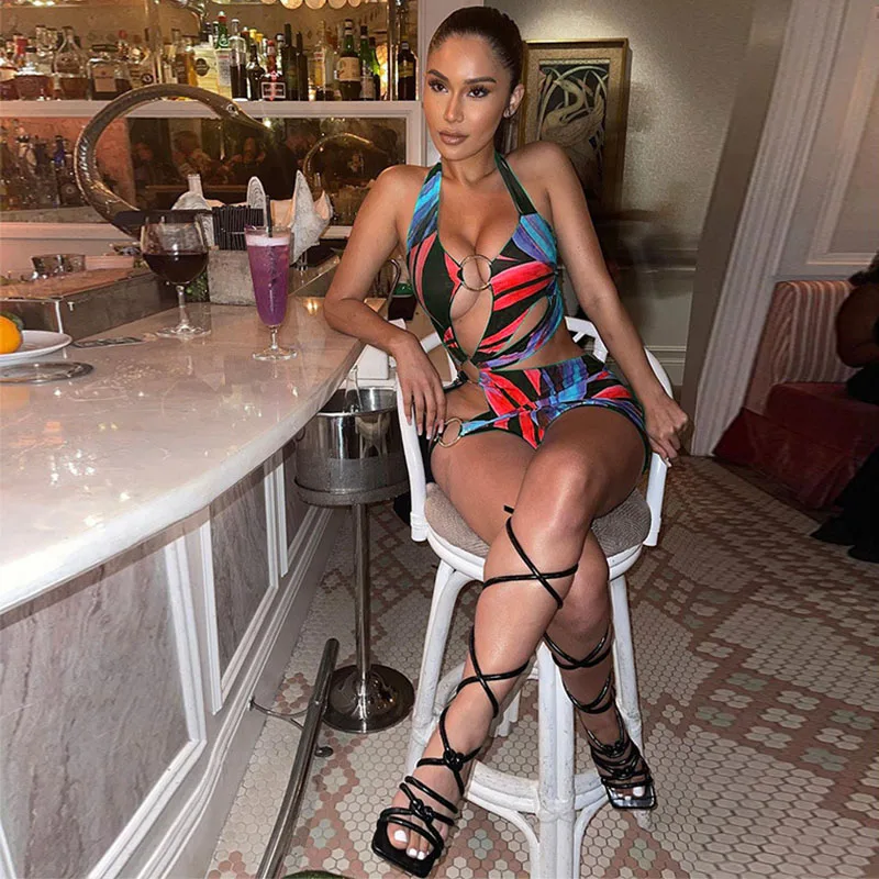 

Сексуальное облегающее мини-платье с принтом, летние наряды для отпуска для женщин, пляжная одежда, купальник без рукавов, с лямкой на шее, К...