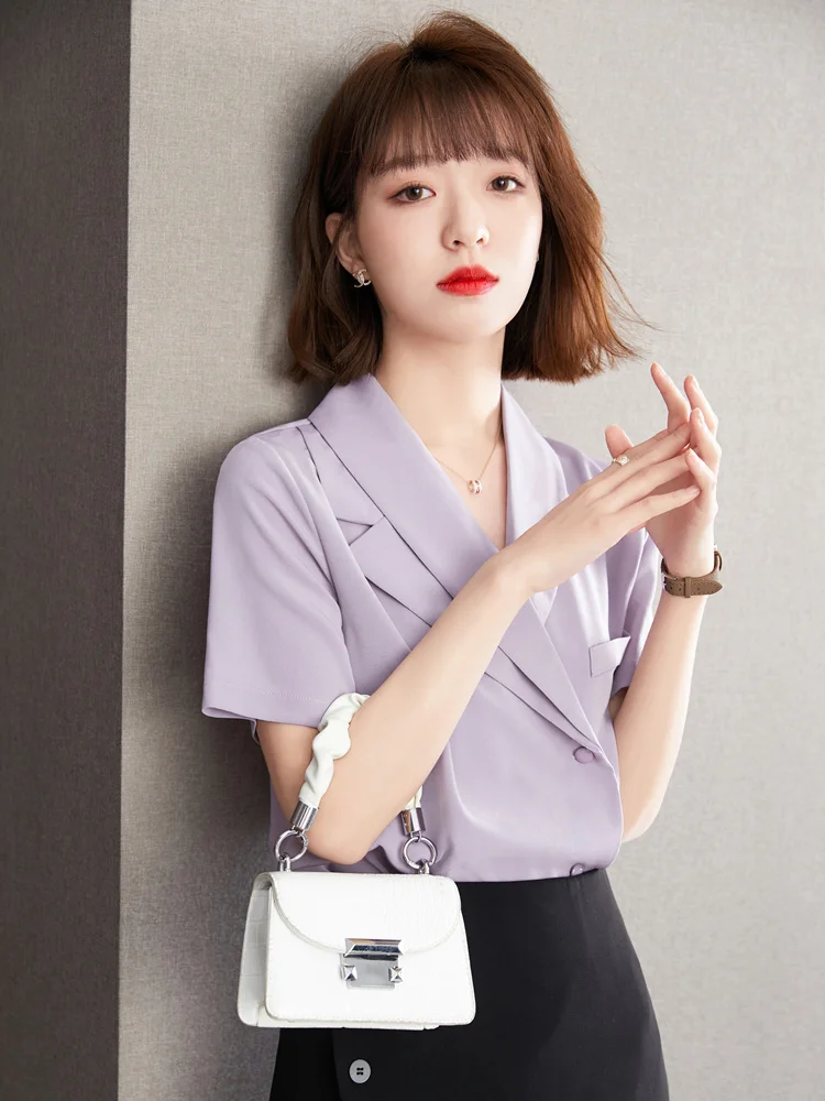 

Модная футболка в французском Фиолетовый Блузка домашний костюм с короткими рукавами; Сезон лето; Новый стиль темперамент v-образный вырез ...