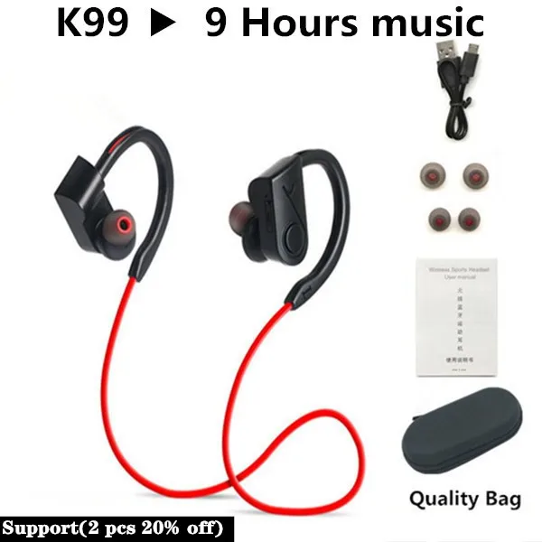 Спортивные Bluetooth наушники, беспроводные наушники, Bluetooth гарнитура, водонепроницаемый шумоподавитель с микрофоном для телефонов android ios - Цвет: K99 Red