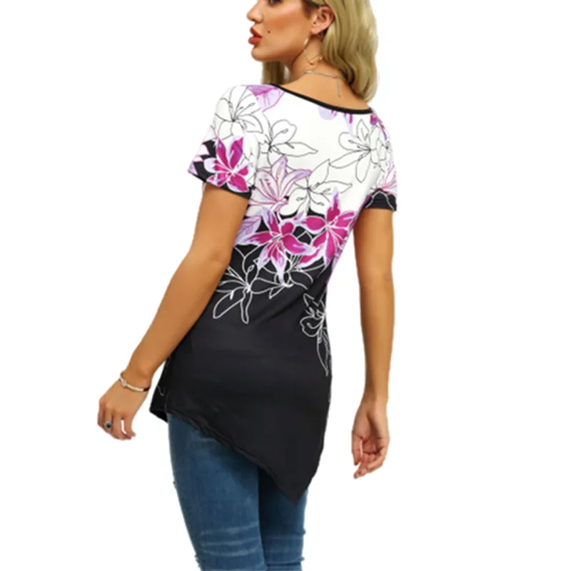

Plus Size Women Blouse 2020 New Summer Short Sleeve O Neck Casuale Shirts Female Flower Print Gradient Irregular Loose Blouses