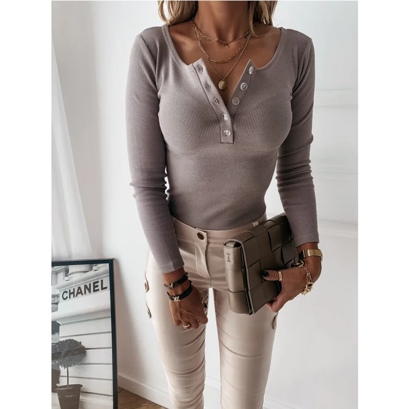 

Women Knit Ribbed Bottoming Shirts Long Sleeve T-Shirt Office Lady Button Round Collar Slim Fit Pullovers Autumn Spring Nice