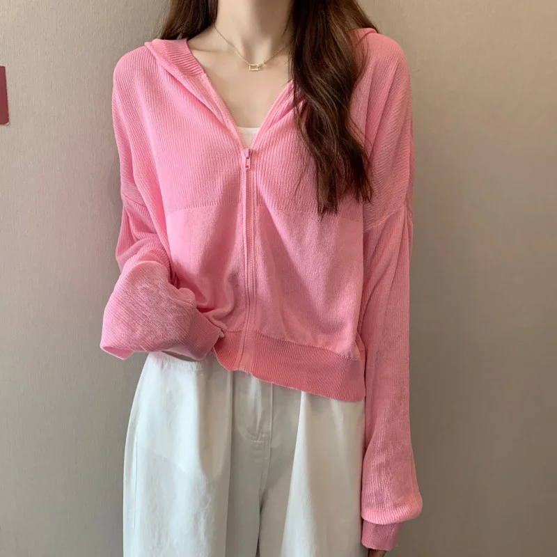 

Hooded Sun Protection with Zipper Cardigan Thin Summer Long-sleeve Coat Gentle Style Wear Short Knitted Top Fashion