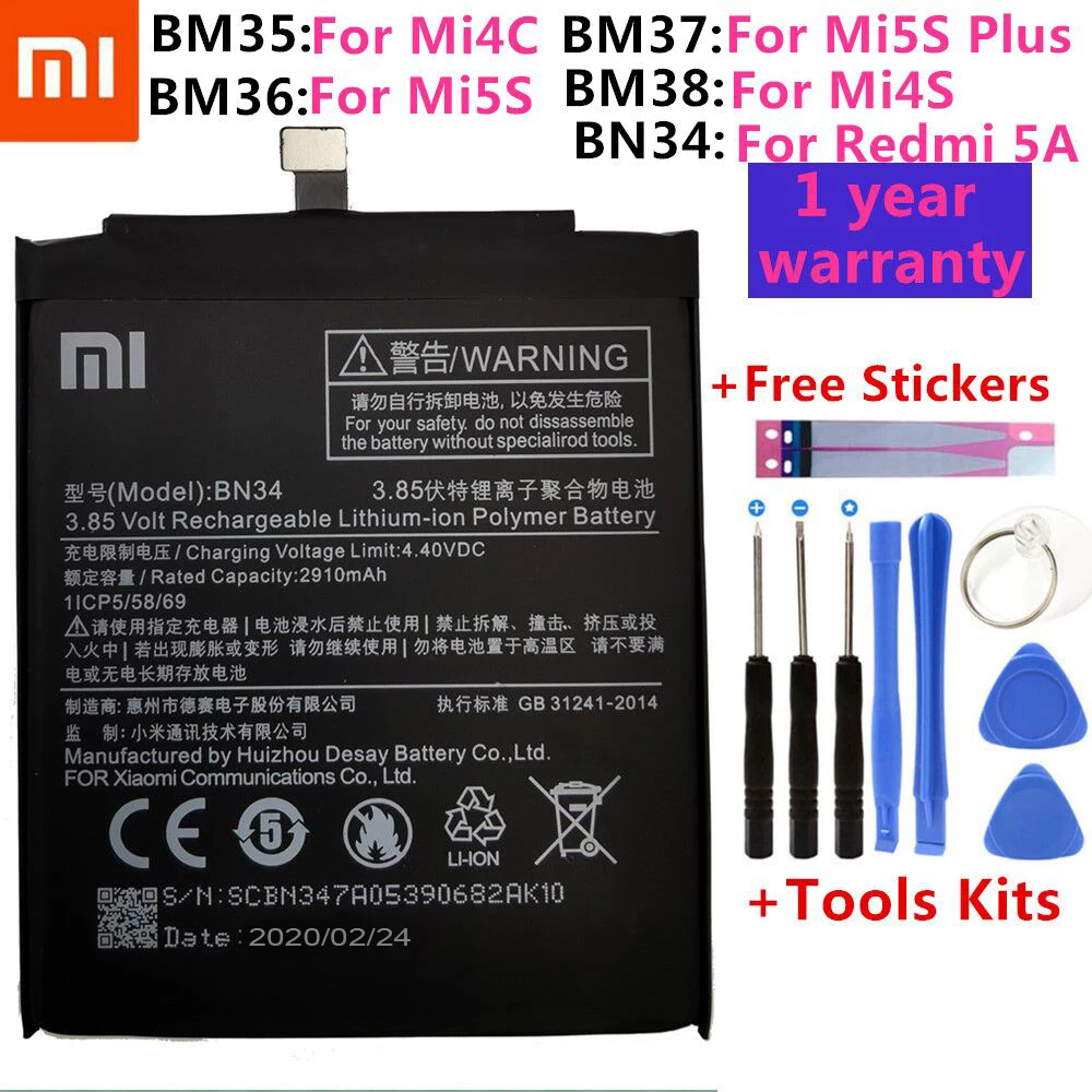 

BM35 BM36 BM37 BM38 BN34 Battery For Xiaomi Redmi 5A 5.0" Mi 4C 5C 4S 5S Plus Mi4C Mi5S Mi5C Replacement Lithium Polymer Bateria