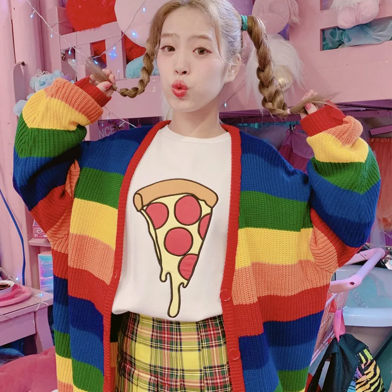Knitted Cardigan Women 2020 Autumn &ampWinter KPOP Rainbow Striped Outwear Female Loose Casual Long Sweater Jacket Coat L0162 |