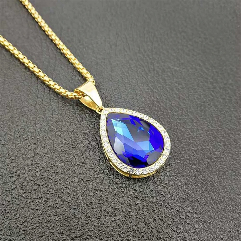 

Hip Hop Iced Out Water Drop Pendants Chain Gold Color Stainless Steel Rhinestone Necklaces For Women Men Jewelry Dropshipping