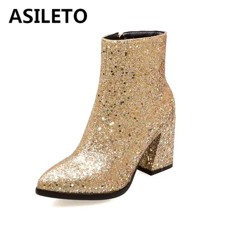 ASILETO 2020 шикарные блестящие верхние женские ботильоны с блестками ткань молния