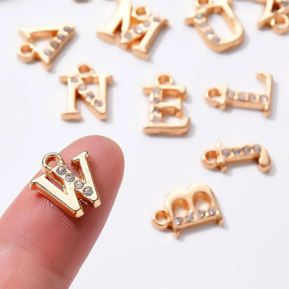 

New 26 Letters Zircon Nail Art Pierced Alphabet Dangle Letter Jewels Set A-Z Gold Alphabet Metal DIY Nail Art Wraps Tips
