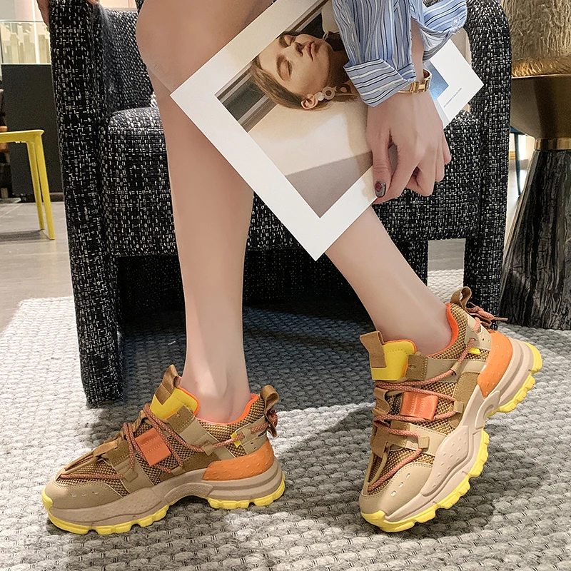 

Spring Women Chunky Sneakers Breathable Mesh Casual Shoes 6cm Wedge Heels Platform Shoes Chaussures Femme Sports Dad Shoes 2021