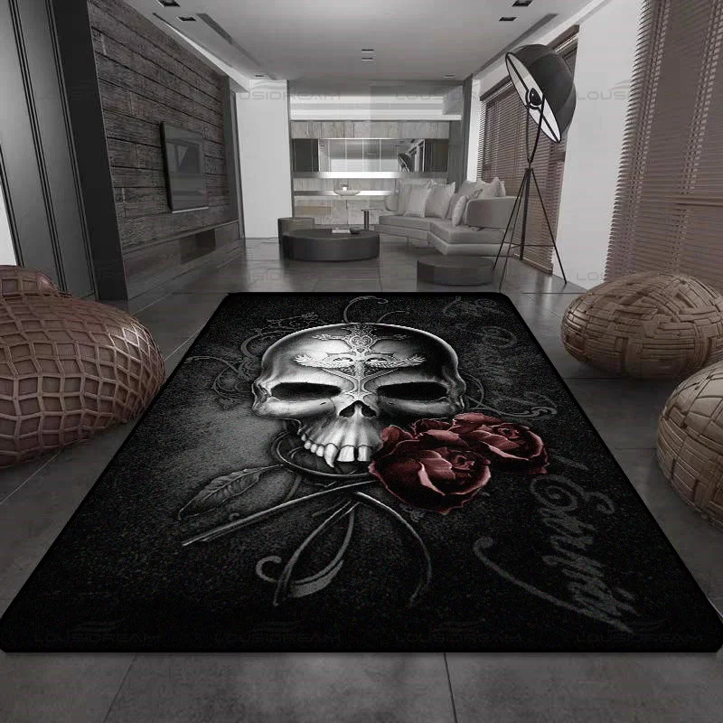 

Skull Pattern Decorative Carpet Square Flannel Printed Skull Carpet Modern Home Living Room Floor Mats Bedroom Rug