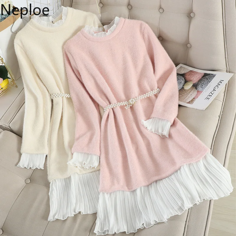 Neploe платье джемпер корейское вязаное шифоновое лоскутное с оборками норковые