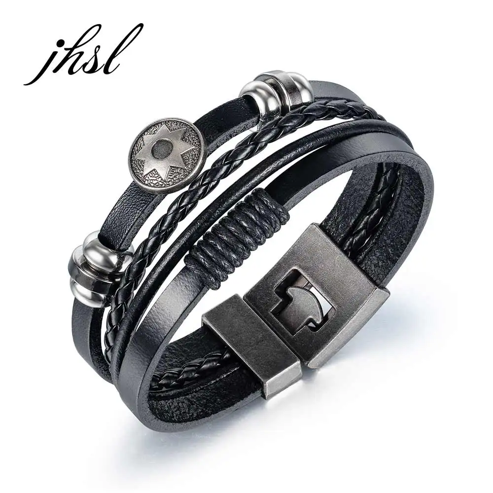 

JHSL Trendy Male Men Statement Black PU leather Wrap Bracelets & Bangles with charm Party Gift Fashion Jewelry Wholesale Bulk