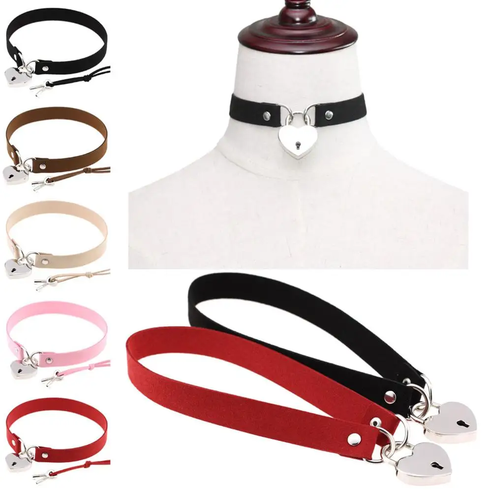 

2020 Punk PU Leather Lock Key Heart Goth Collar Necklace for Women on Neck Round Collar Necklaces Party chocker Jewelry
