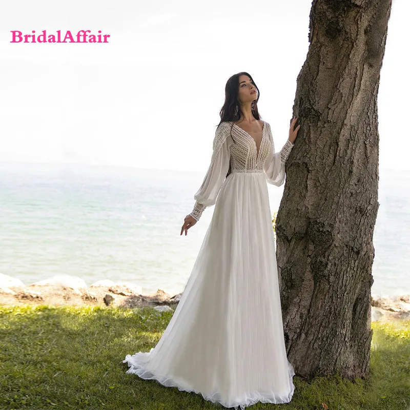 

New 2021 Bohomia Wedding Dresses,Elegant Lace Chiffon Beach Bridal Gowns, V-Neck Puffy Long Sleeve Classic Robe De Mariee New