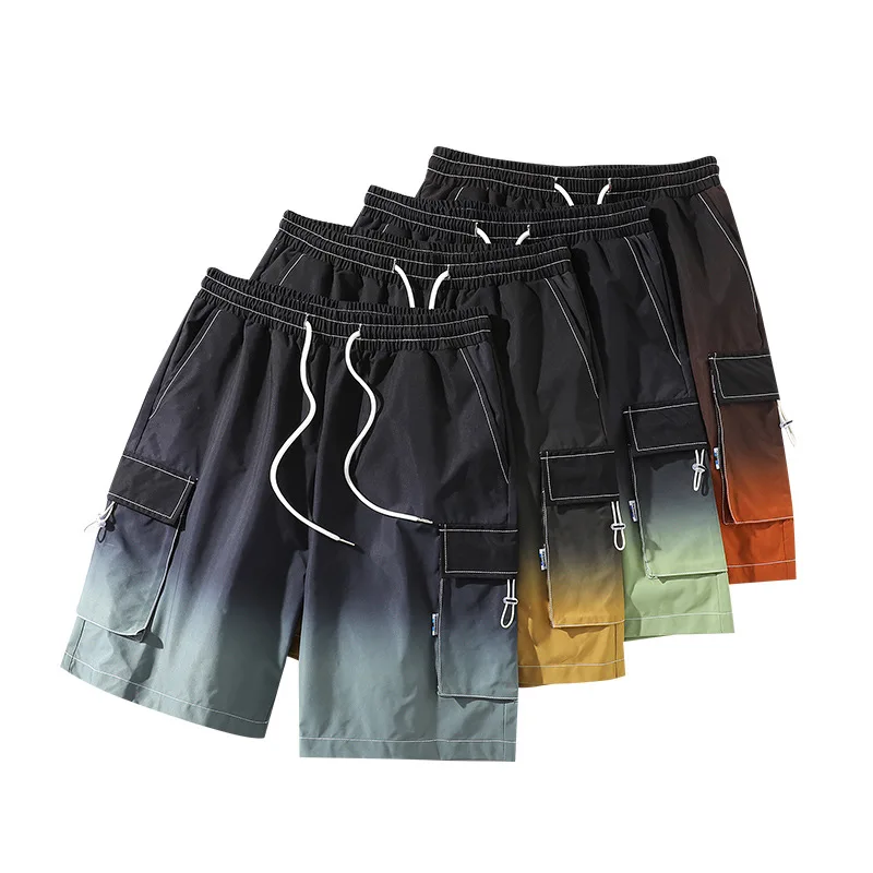 

Summer Trend Loose Mid-waist Straight Shorts Gradient Multi-pocket Overalls Shorts Mens Beach Pants -40