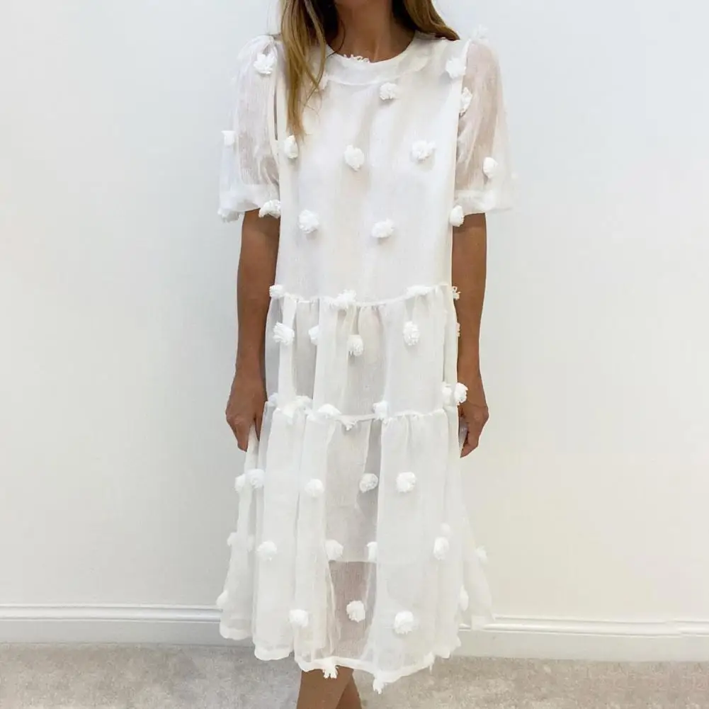 

Ladies Dress Puff Sleeve Loose Casual Summer Dress Net Yarn Elegant Small Flower Wide Hem Ball Dress for Beach Party Daily Wear