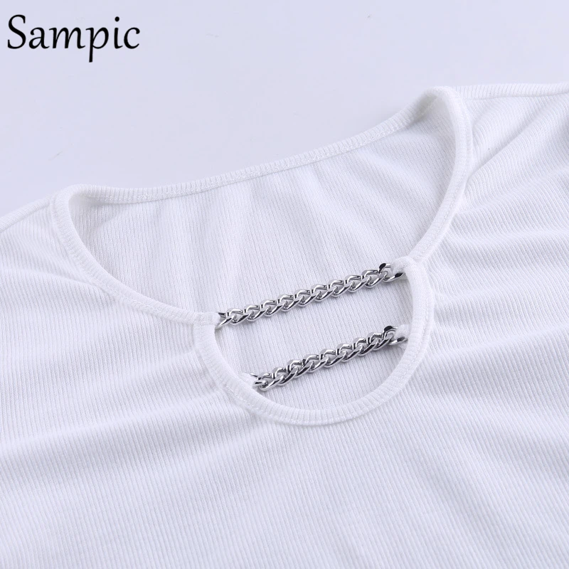 

Sampic beach summer party hollow out white short sleeve chain crop top t shirt women v neck casual sexy cotton t shirt femme